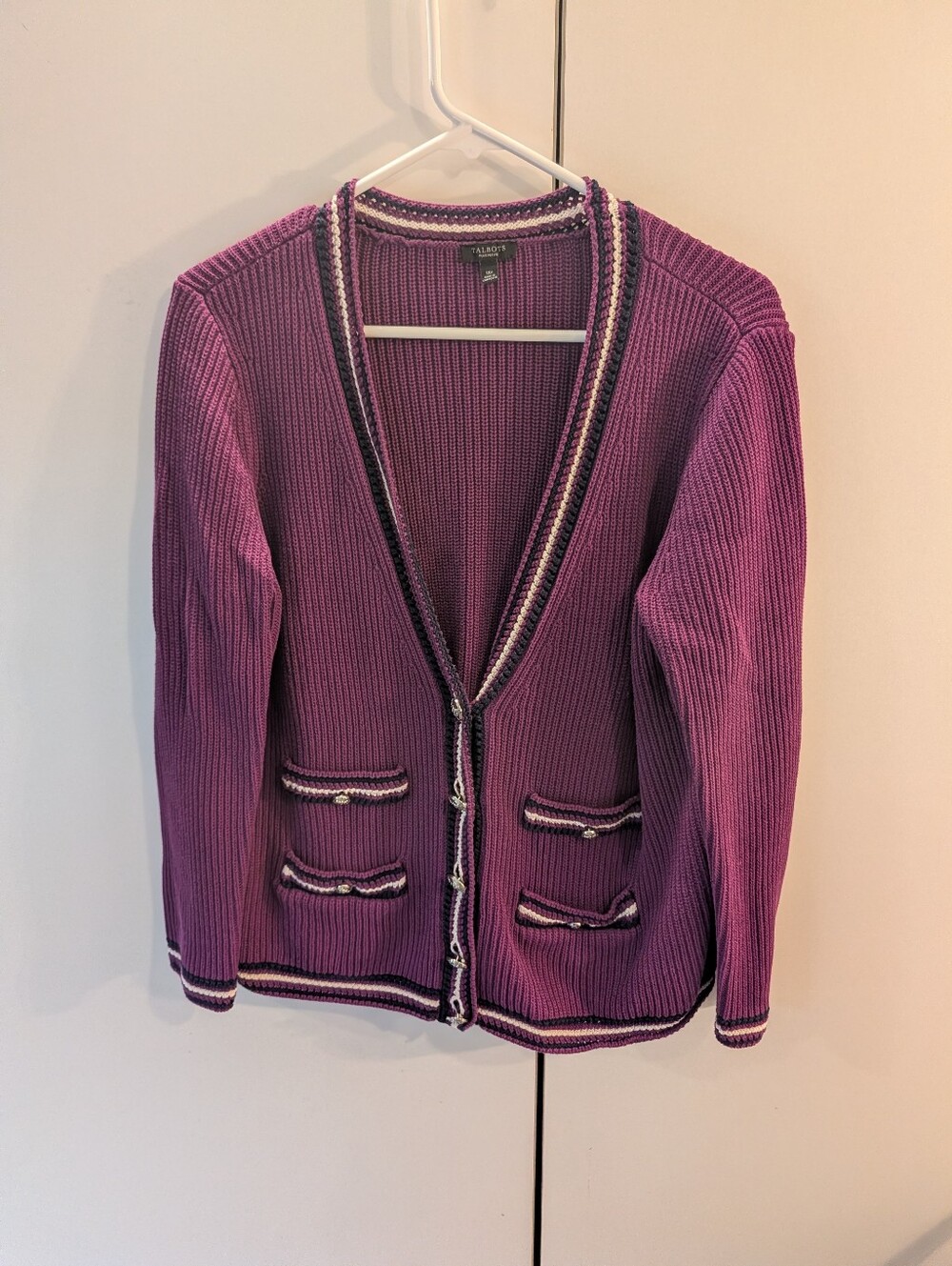 Talbots 1XP Purple Ribbed Knit Sweater with Contrast Trim